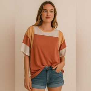 Easel Colorblock Relaxed Short‎ Sleeve Boho Crewneck Tee Size Large